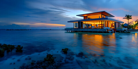 Luxury house on the water, floating in crystal clear blue waters with coral reefs under it