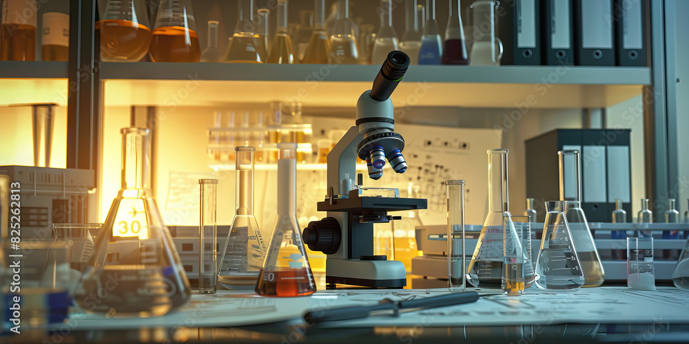 Poster a scientist's laboratory: a lab bench with beakers, microscopes, and test tubes, surrounded by chart