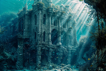Sunken Gothic Building Underwater Surrounded by Marine Life with Sunlight Filtering Through
