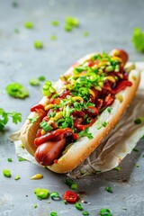 Appetizing Hot Dog Topped with Fresh Vegetables and Sauces