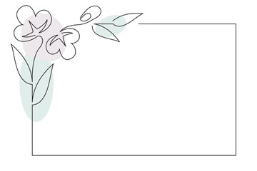 Frame pattern of a branch with natural organic cotton and leaves drawn in one line with colored spots. Flat doodle style. Vector illustration.