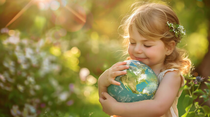 Joyful girl embraces Earth affectionately, showing love.