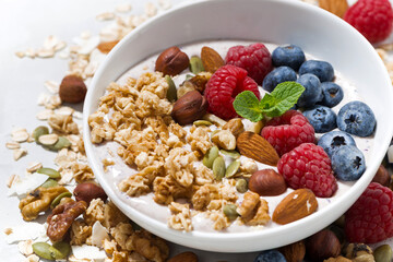 homemade muesli with yogurt and berries in a bowl