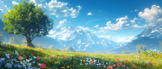 A serene meadow dotted with wildflowers under a clear blue sky