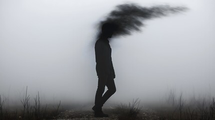 Man with dissolving head walking in foggy landscape