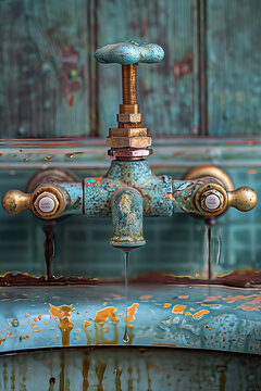 Close-up ofo ld vintage water tap with a small drop of water dripping from it, symbolising the Global problem of lack of water.