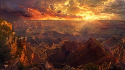 Grand canyon at sunset with colorful sky and majestic cliffs