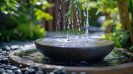 backyard oasis, a serene zen garden with a bamboo fountain gently streaming water into a peaceful stone basin, creating a tranquil ambiance