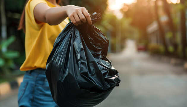 Woman throwing away black garbage bag 