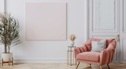 Modern Minimalist Living Room with Pink Armchair and Blank Canvas