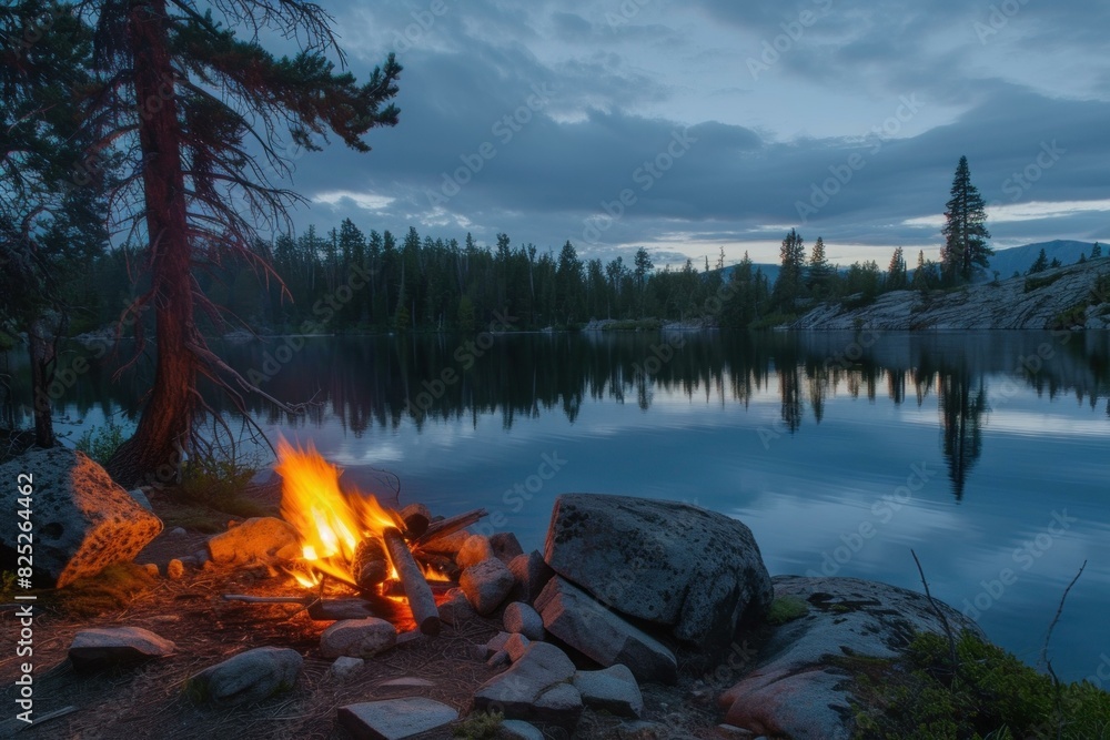 Wall mural Tranquil campfire scene by a calm lake with twilight skies and forest backdrop