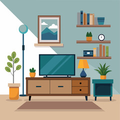 TV on cabinet in modern living room on a white wall background simple and minimalist mock up.