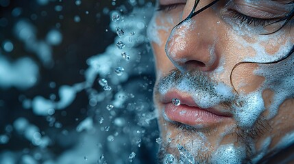 Close-up of man washing face with water and foam