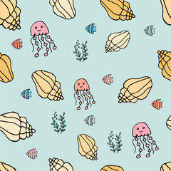 seamless pattern with shells, fish, jellyfish on a light background, vector.