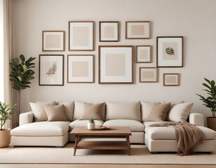 Frame mockup, ISO A paper size. Living room wall poster mockup. Modern interior design.Living room Interior mockup with house background. 3D render