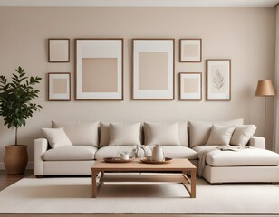 Frame mockup, ISO A paper size. Living room wall poster mockup. Modern interior design.Living room Interior mockup with house background. 3D render