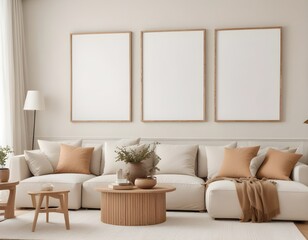 Frame mockup, ISO A paper size. Living room wall poster mockup. Modern interior design.Living room Interior mockup with house background. 3D render