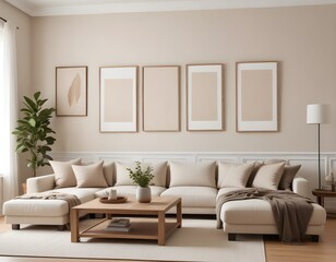 Fototapeta premium Frame mockup, ISO A paper size. Living room wall poster mockup. Modern interior design.Living room Interior mockup with house background. 3D render