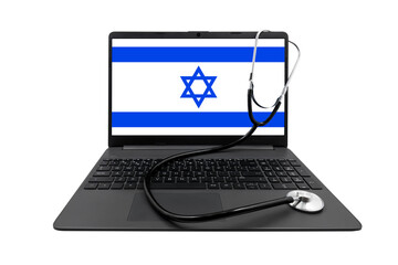 Laptop with Israel flag on the screen and a medical stethoscope on a transparent background. Israeli healthcare system concept