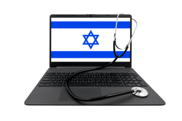 Laptop with Israel flag on the screen and a medical stethoscope on a transparent background. Israeli healthcare system concept
