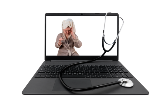 Laptop and medical stethoscope isolated on transparent background. On the laptop screen - a girl with cold symptoms holds a glass of water in her hand - Powered by Adobe
