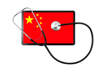 Tablet PC with China flag on screen and medical stethoscope on transparent background. Chinese healthcare system concept