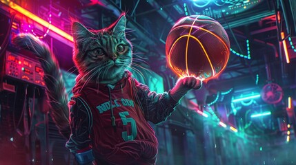 Naklejka premium A neoncolored cat in a futuristic jersey holding a glowing basketball, Neon, Digital Art, bright neon colors, dark scifi setting