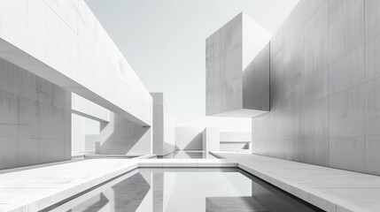 Fototapeta premium Modern abstract concrete architecture reflected on water. Minimalist geometric design creating an artistic, futuristic cityscape.