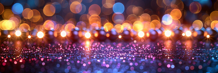 background of abstract glitter lights. purple, gold and black banner