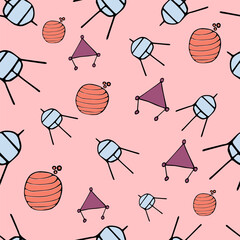 seamless pattern with spaceship and planets on a pink background, vector.