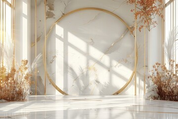 3d render of circle arch with dry flowers on white marble floor, golden lines and pastel peach colors in the room with big windows and sun rays,