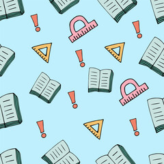 seamless pattern with books and signs on a light background, vector.