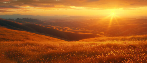 A serene landscape of rolling hills under a golden sunset