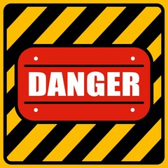 Ilustração de um sinal de alerta com listras pretas e amarelas e a palavra Danger sobre um fundo vermelho. Letreiro com alerta de perigo