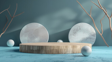 3D podium blue scene with cloud sky background, abstract background 3d rendering geometric shape blue pastel color , Stage for show cosmetic ,Blue background with white marble podium