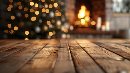 Empty wooden table with a defocused fireplace and christmas lights in the background