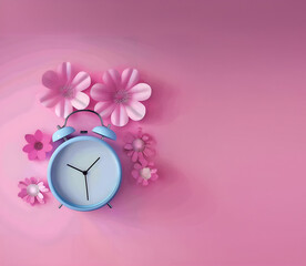 Spring pink vibe with retro blue clock and flower.