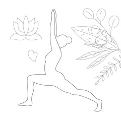 Yoga. Silhouette of a girl doing yoga in a warrior pose. Outline black and white illustration.