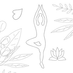 Yoga. Silhouette of a girl doing yoga in a tree pose. Outline black and white illustration.