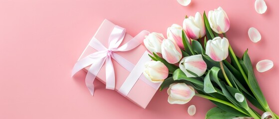 Pink tulips and gift box on pink background. Mother's Day concept. Top view photo of bouquet of white and pink tulips on isolated pastel pink background 