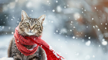 Cute cat wearing warm red knitted scarfs and hats sitting and snuggling next to each other on winter day during heavy winter snowfall