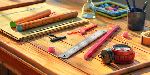 Teacher's Pride: A traditional wooden desk adorned with educational paraphernalia, like a ruler, compass, and chalk, signifying the dedication and passion of a teacher nurturing young minds