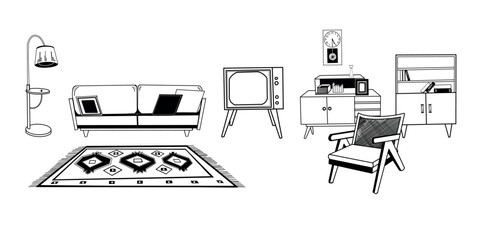 Vector illustration. Vintage interior design, pieces of furniture, armchair, sofa, carpet, bookcase, floor lamp, wall clock, TV. Suitable for printing on paper and fabric, for interior design.