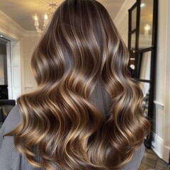 Naklejka premium Luxurious Wavy Brown Hair with Highlights, Beauty and Haircare Concept
