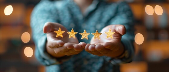 A finance professional presenting a hologram of banking analytics and 5-star ratings, symbolizing investment success and customer satisfaction