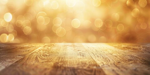Empty Wooden Table With Golden Bokeh Background