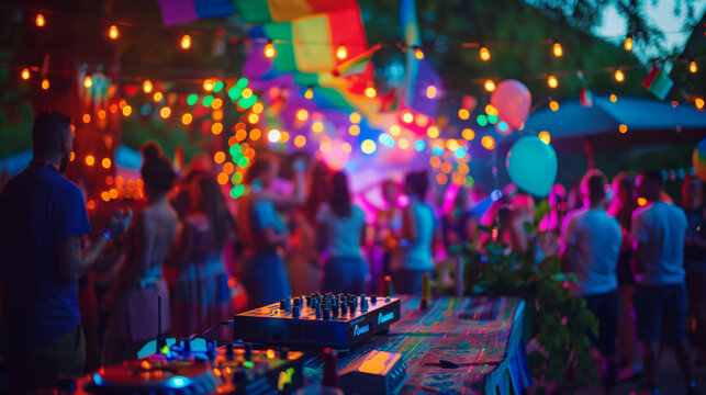 A photograph of a Pride party, people dancing, colorful decorations, and lights. Background of an outdoor venue with a DJ booth and a crowd enjoying the music. Vibrant, joyful, and lively atmosphere.
