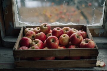 Red apples in a wooden crate by a rustic window. Moody natural light and autumn vibes. Harvest and cozy home concept. Design for poster, banner, and print.