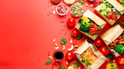 A red table covered in boxes filled with different types of food