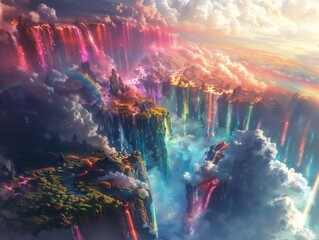 Fantasy Landscape with Waterfalls, Rainbows and Colorful Clouds in Dreamlike Realm